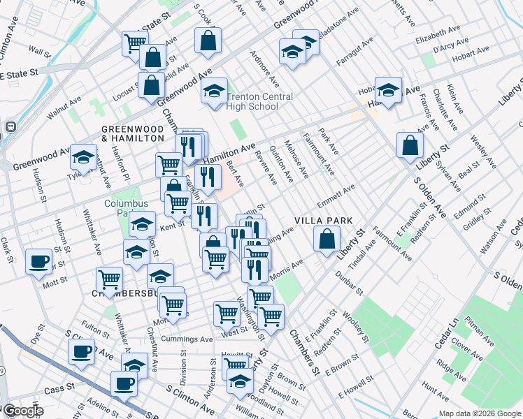 map of restaurants, bars, coffee shops, grocery stores, and more near 300 Bert Avenue in Trenton