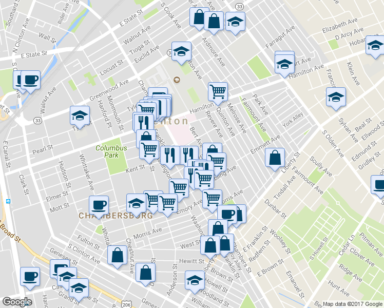 map of restaurants, bars, coffee shops, grocery stores, and more near 229 Commonwealth Avenue in Trenton