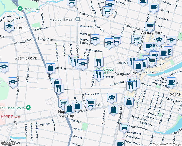 map of restaurants, bars, coffee shops, grocery stores, and more near 3 Borden Avenue in Asbury Park