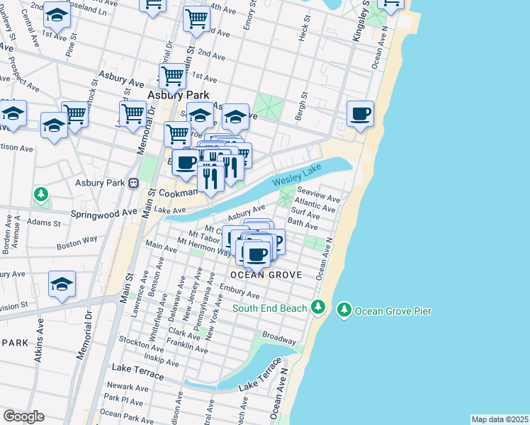 map of restaurants, bars, coffee shops, grocery stores, and more near 66 Asbury Avenue in Neptune Township
