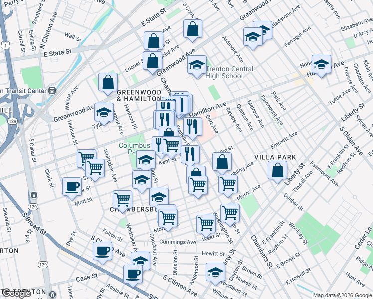 map of restaurants, bars, coffee shops, grocery stores, and more near 49 Washington Street in Trenton