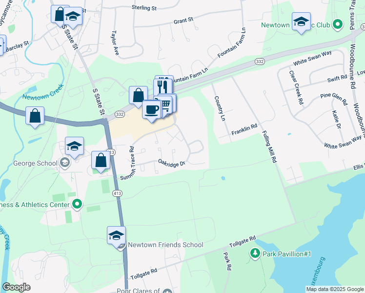 map of restaurants, bars, coffee shops, grocery stores, and more near 88 Oakridge Drive in Langhorne