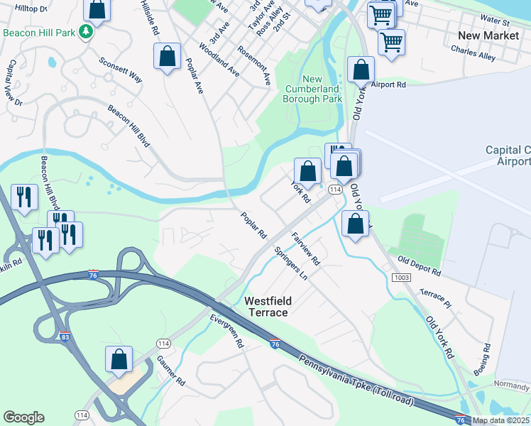 map of restaurants, bars, coffee shops, grocery stores, and more near 200 Fairview Road in New Cumberland