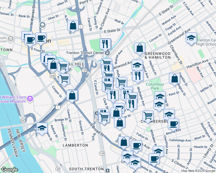 map of restaurants, bars, coffee shops, grocery stores, and more near 326 South Clinton Avenue in Trenton