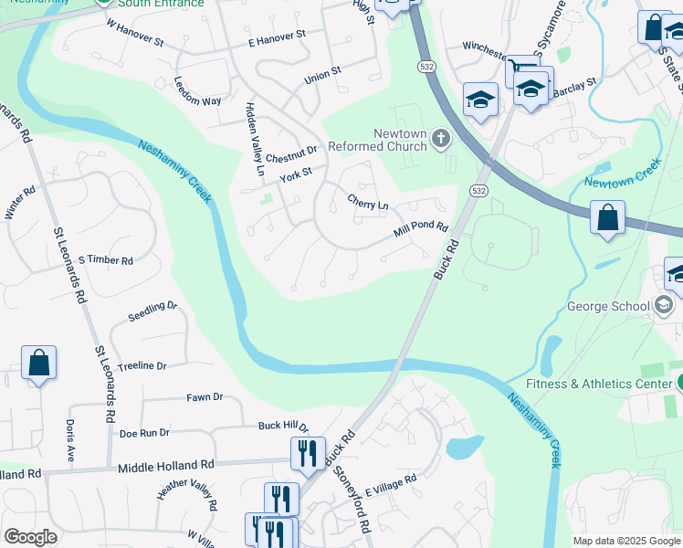 map of restaurants, bars, coffee shops, grocery stores, and more near 53 Hickory Lane in Newtown