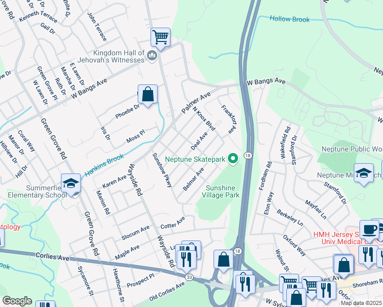 map of restaurants, bars, coffee shops, grocery stores, and more near 204 Deal Avenue in Neptune City