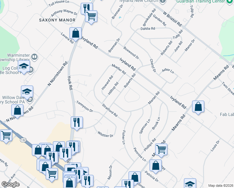 map of restaurants, bars, coffee shops, grocery stores, and more near 979 Roberts Road in Warminster