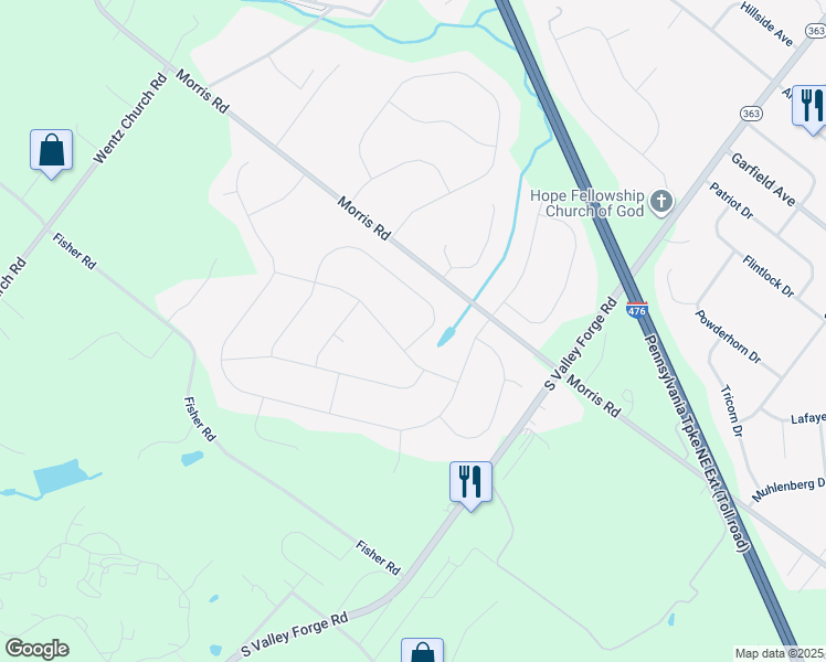 map of restaurants, bars, coffee shops, grocery stores, and more near 2286 Warner Rd in Lansdale