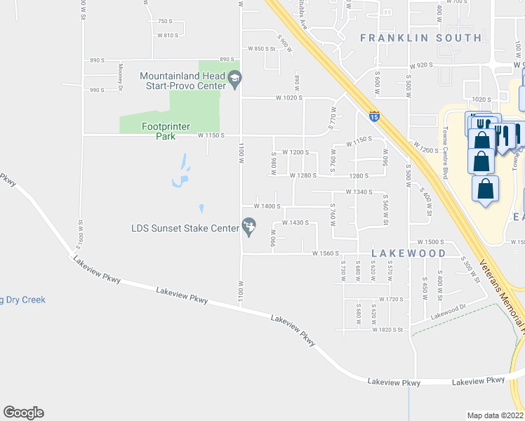 map of restaurants, bars, coffee shops, grocery stores, and more near 1027 West 1400 South in Provo
