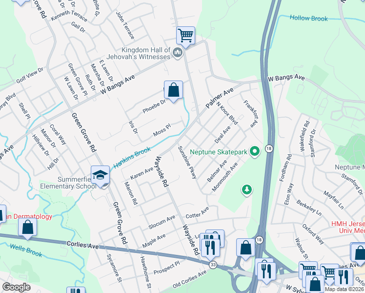 map of restaurants, bars, coffee shops, grocery stores, and more near 101 West End Avenue in Neptune City