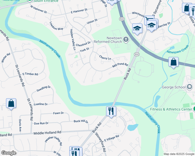 map of restaurants, bars, coffee shops, grocery stores, and more near 53 Hickory Lane in Newtown