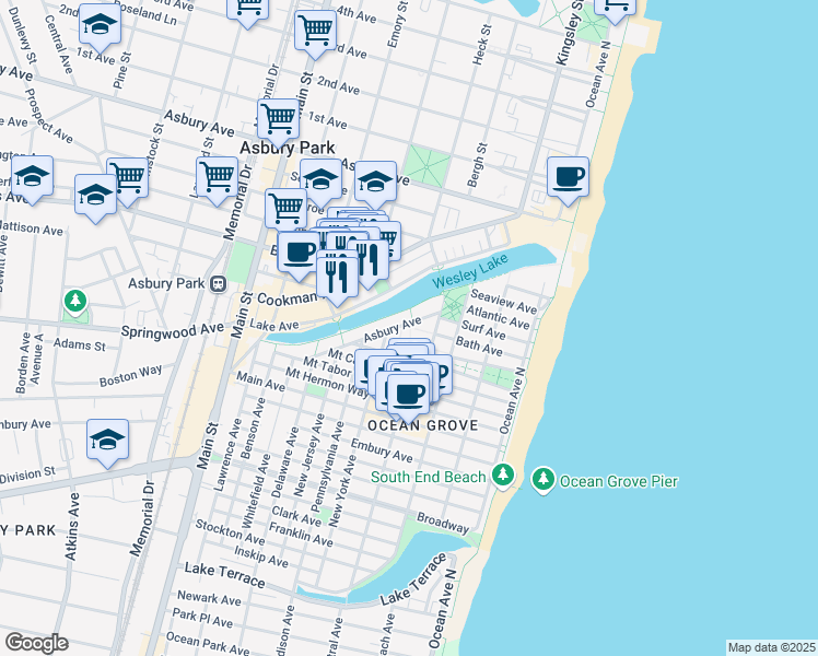 map of restaurants, bars, coffee shops, grocery stores, and more near 66 Asbury Avenue in Neptune Township