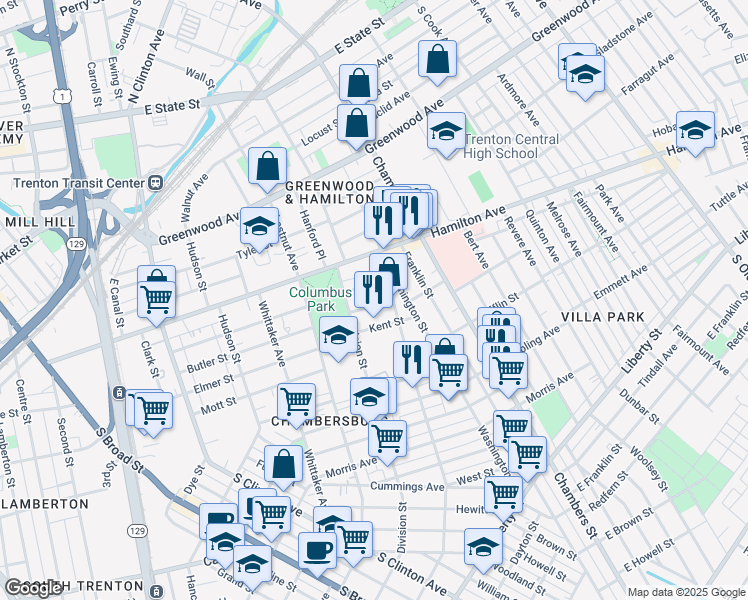map of restaurants, bars, coffee shops, grocery stores, and more near 44 Conrad Street in Trenton