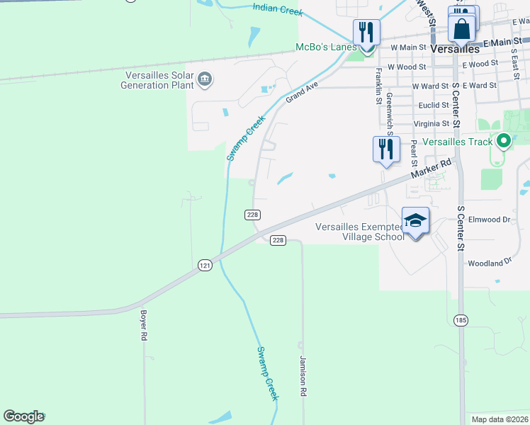 map of restaurants, bars, coffee shops, grocery stores, and more near 10061 Township Highway 228 in Versailles