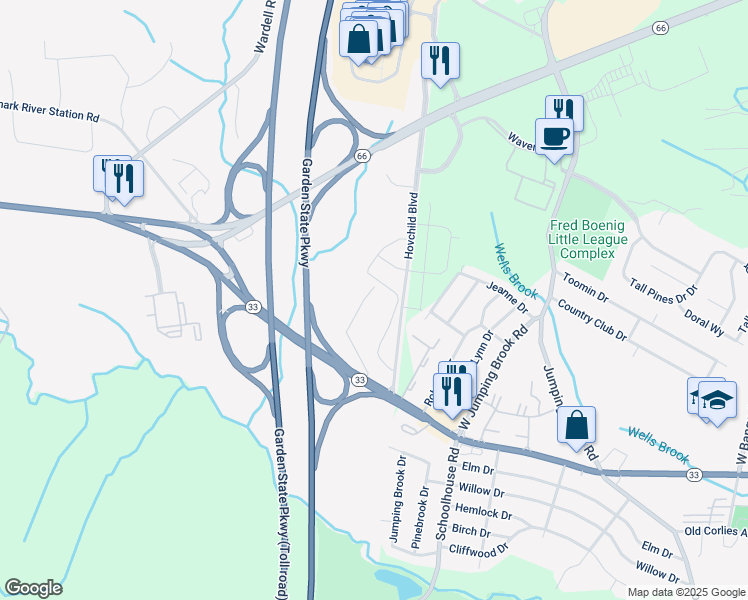 map of restaurants, bars, coffee shops, grocery stores, and more near 69 Locust Grove Road in Tinton Falls