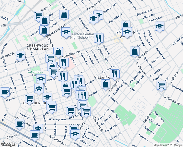 map of restaurants, bars, coffee shops, grocery stores, and more near 921 Revere Avenue in Trenton