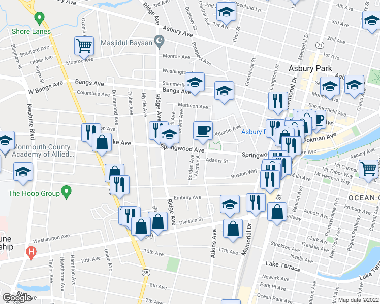 map of restaurants, bars, coffee shops, grocery stores, and more near 3 Borden Avenue in Asbury Park