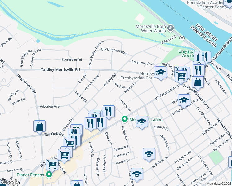 map of restaurants, bars, coffee shops, grocery stores, and more near 116 Walnut Lane in Yardley