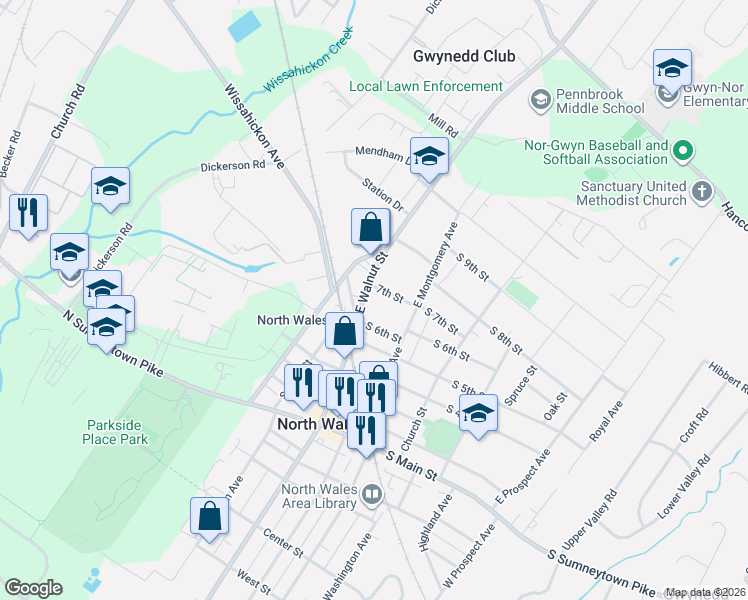 map of restaurants, bars, coffee shops, grocery stores, and more near 619 E Walnut St in North Wales