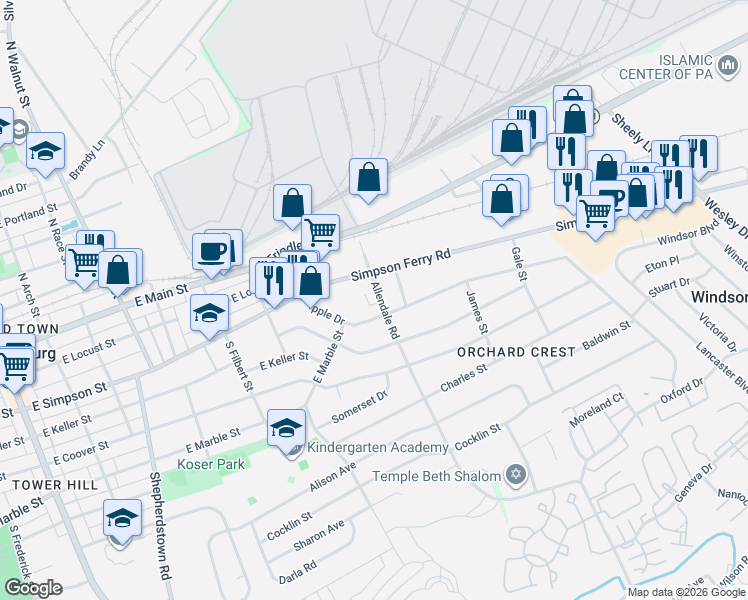 map of restaurants, bars, coffee shops, grocery stores, and more near 208 Allendale Road in Mechanicsburg