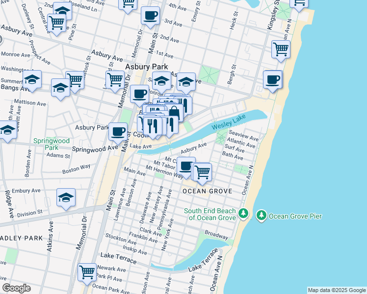 map of restaurants, bars, coffee shops, grocery stores, and more near 88 Lake Avenue in Neptune Township