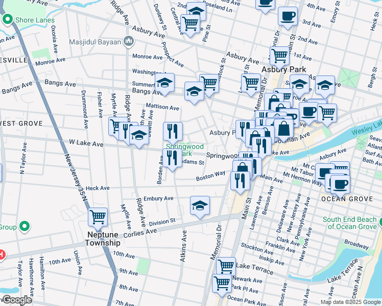 map of restaurants, bars, coffee shops, grocery stores, and more near 1116 Springwood Avenue in Asbury Park
