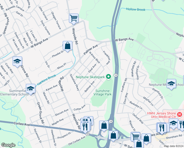 map of restaurants, bars, coffee shops, grocery stores, and more near 204 Deal Avenue in Neptune City