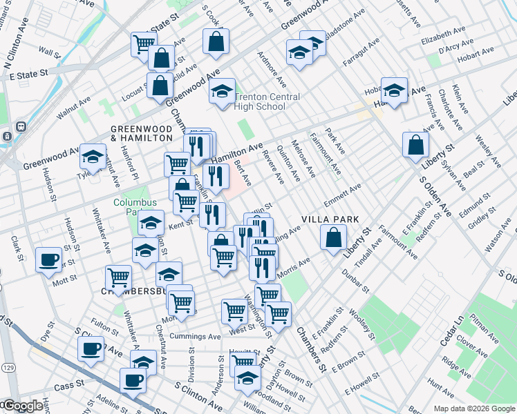 map of restaurants, bars, coffee shops, grocery stores, and more near 300 Bert Avenue in Trenton