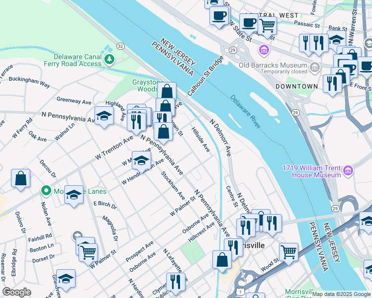 map of restaurants, bars, coffee shops, grocery stores, and more near 50 East Hendrickson Avenue in Morrisville