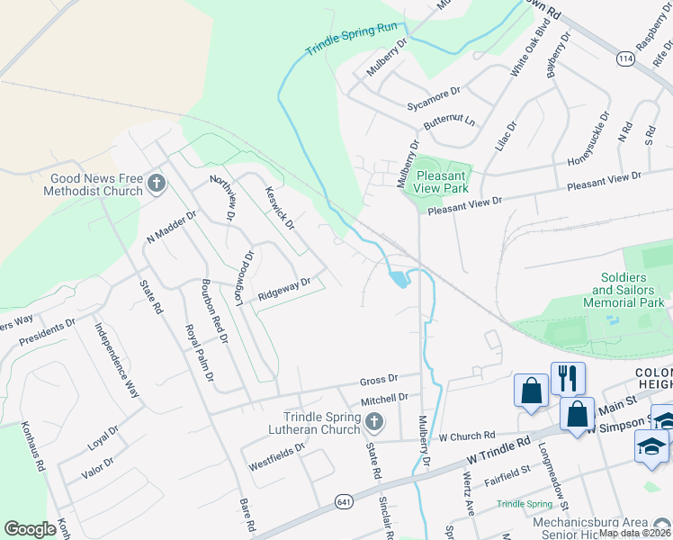 map of restaurants, bars, coffee shops, grocery stores, and more near 87 Keswick Drive in Mechanicsburg