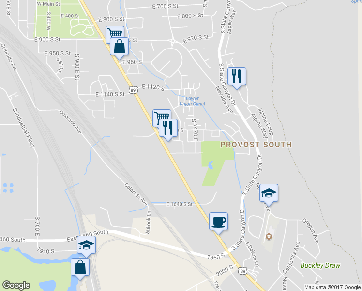 map of restaurants, bars, coffee shops, grocery stores, and more near 1394 South 1420 East in Provo