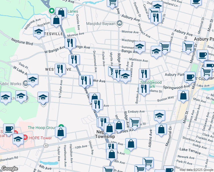 map of restaurants, bars, coffee shops, grocery stores, and more near 268 Fisher Avenue in Neptune City