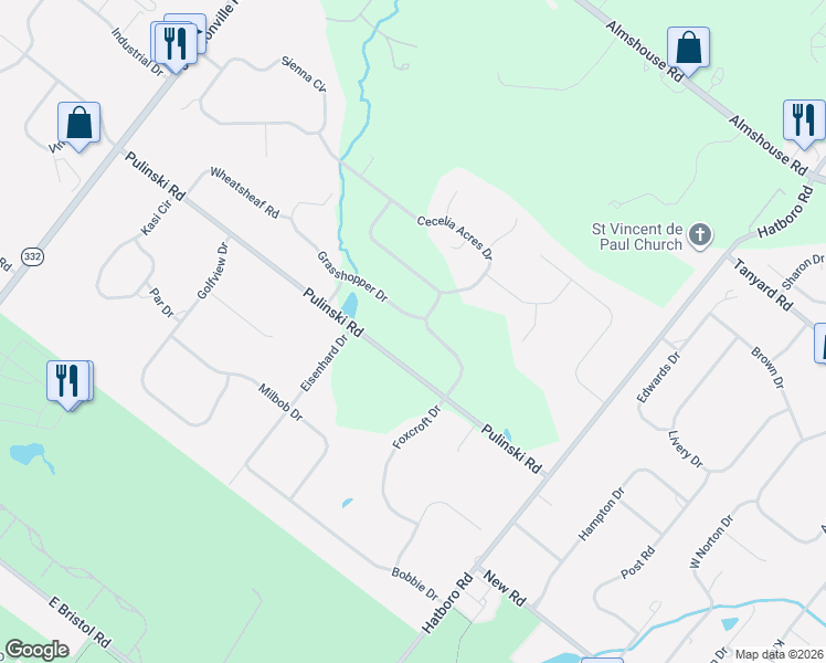 map of restaurants, bars, coffee shops, grocery stores, and more near 270 Grasshopper Drive in Ivyland