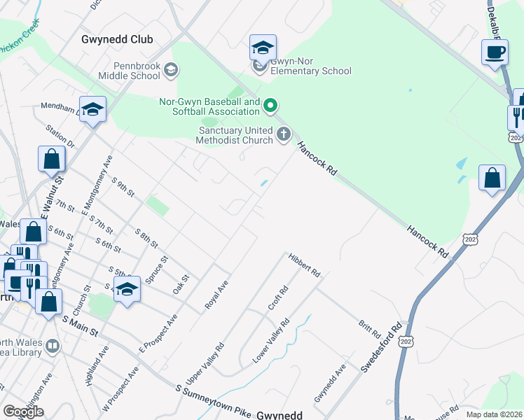 map of restaurants, bars, coffee shops, grocery stores, and more near 1315 East Prospect Avenue in North Wales