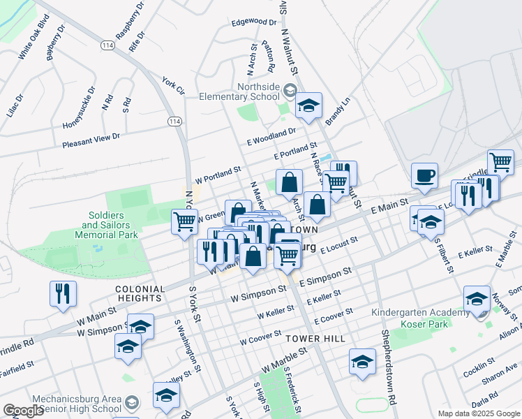 map of restaurants, bars, coffee shops, grocery stores, and more near 119 North Market Street in Mechanicsburg