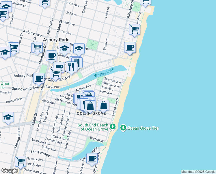 map of restaurants, bars, coffee shops, grocery stores, and more near 21 Surf Avenue in Neptune Township