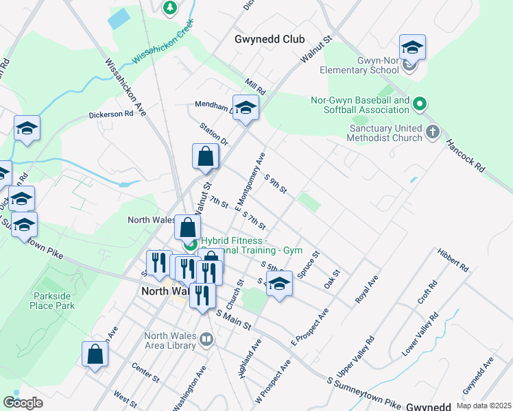 map of restaurants, bars, coffee shops, grocery stores, and more near 218 South 8th Street in North Wales