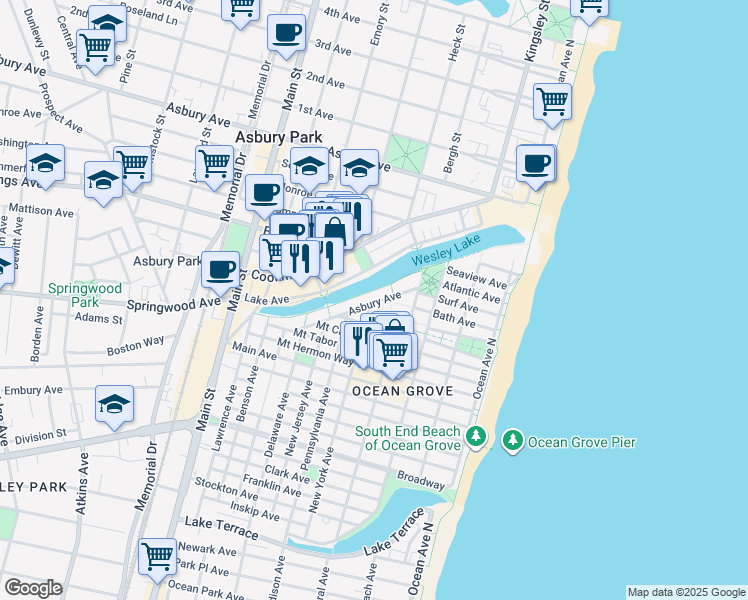 map of restaurants, bars, coffee shops, grocery stores, and more near 66 Asbury Avenue in Neptune Township