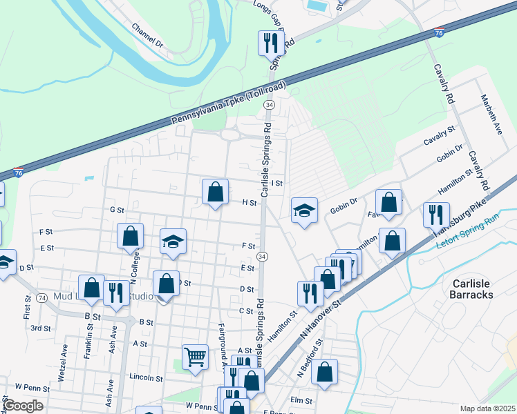 map of restaurants, bars, coffee shops, grocery stores, and more near 1188 Pennsylvania 34 in Carlisle