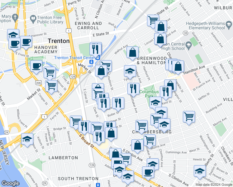 map of restaurants, bars, coffee shops, grocery stores, and more near 272 Hamilton Avenue in Trenton