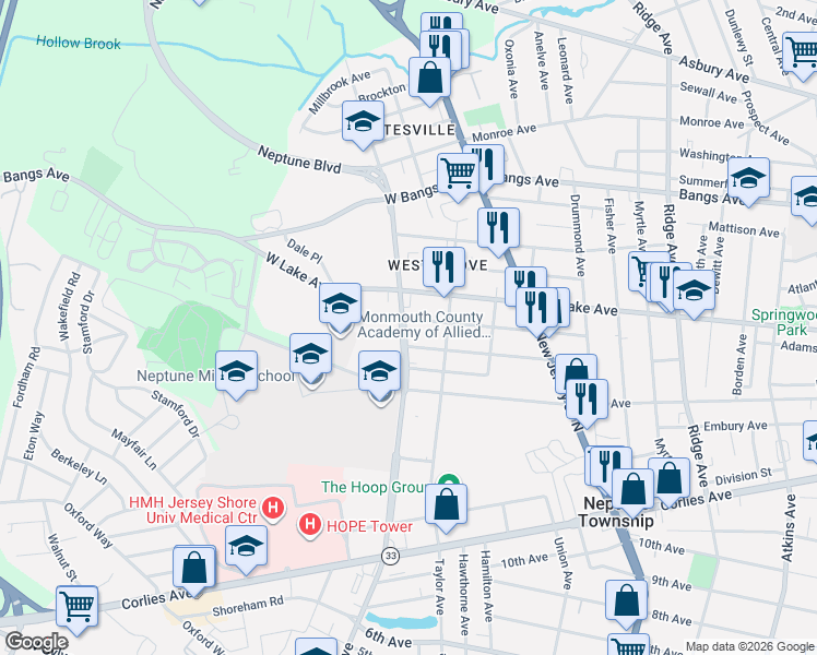map of restaurants, bars, coffee shops, grocery stores, and more near 238 Neptune Boulevard in Neptune City