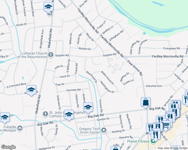 map of restaurants, bars, coffee shops, grocery stores, and more near 395 Robin Hood Drive in Yardley