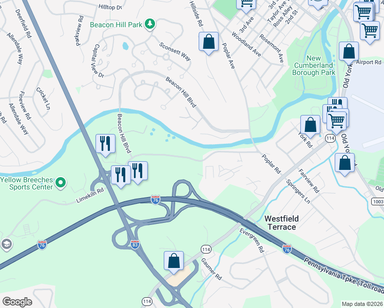 map of restaurants, bars, coffee shops, grocery stores, and more near 204 Limekiln Road in New Cumberland