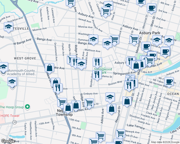 map of restaurants, bars, coffee shops, grocery stores, and more near 3 Borden Avenue in Asbury Park