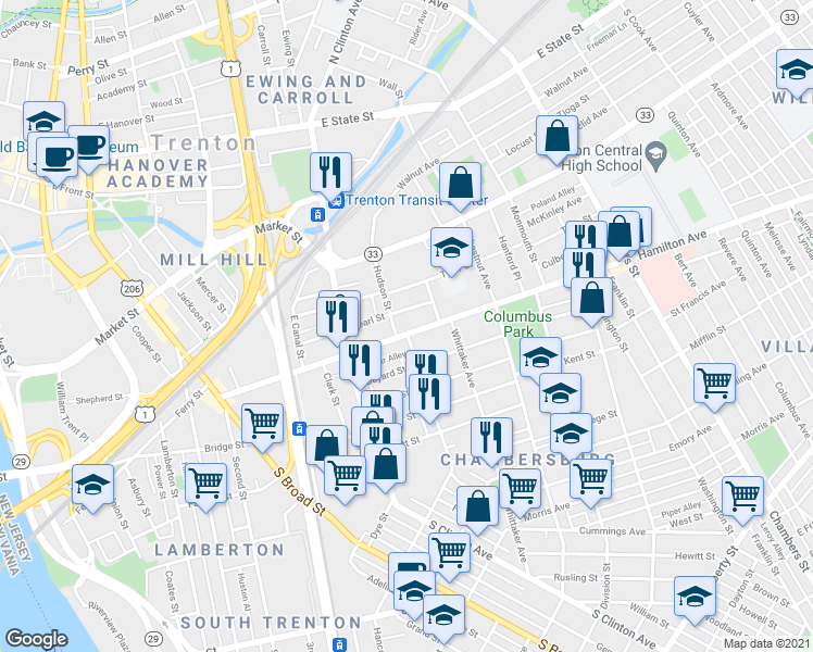 map of restaurants, bars, coffee shops, grocery stores, and more near 274 Hamilton Avenue in Trenton