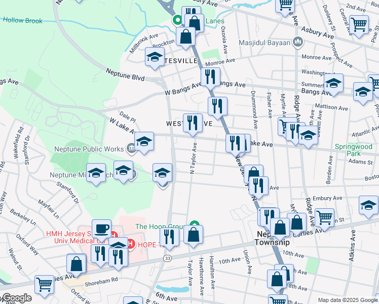 map of restaurants, bars, coffee shops, grocery stores, and more near 2102 Rutherford Avenue in Neptune City