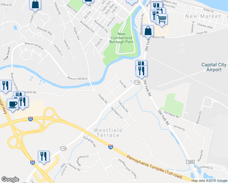map of restaurants, bars, coffee shops, grocery stores, and more near 110 Hutton Road in New Cumberland