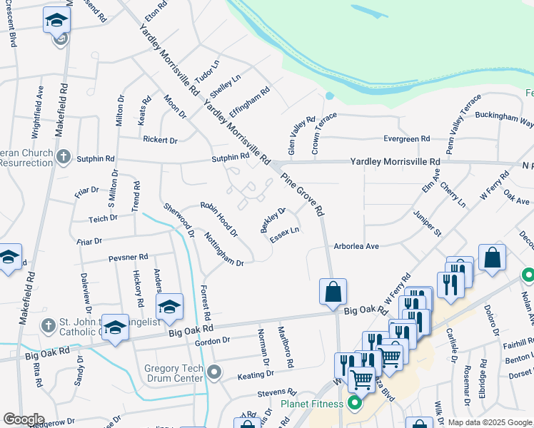 map of restaurants, bars, coffee shops, grocery stores, and more near 10 Berkley Drive in Yardley