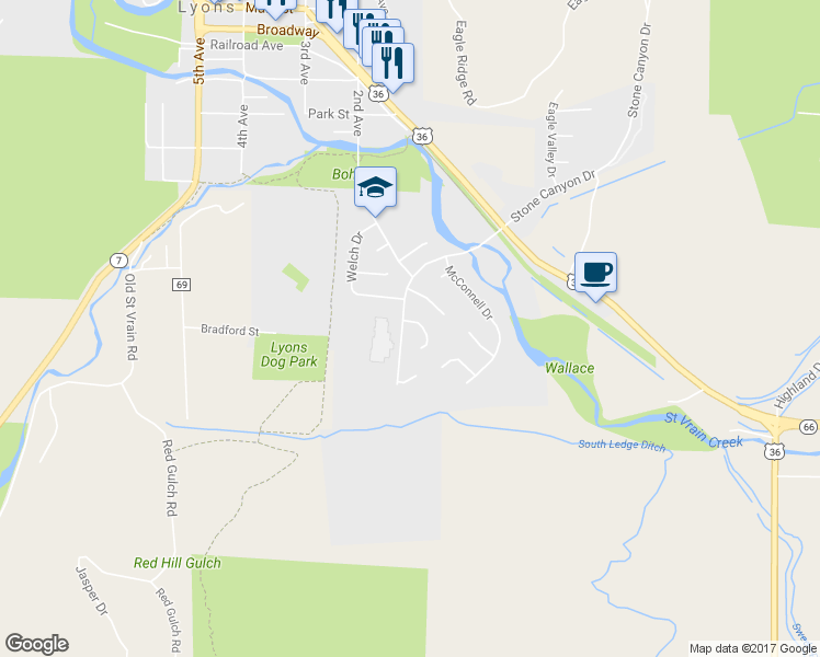 map of restaurants, bars, coffee shops, grocery stores, and more near 101 Noland Court in Lyons