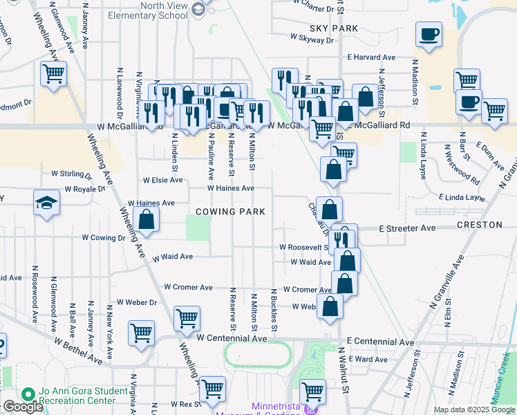 map of restaurants, bars, coffee shops, grocery stores, and more near 2608 North Milton Street in Muncie